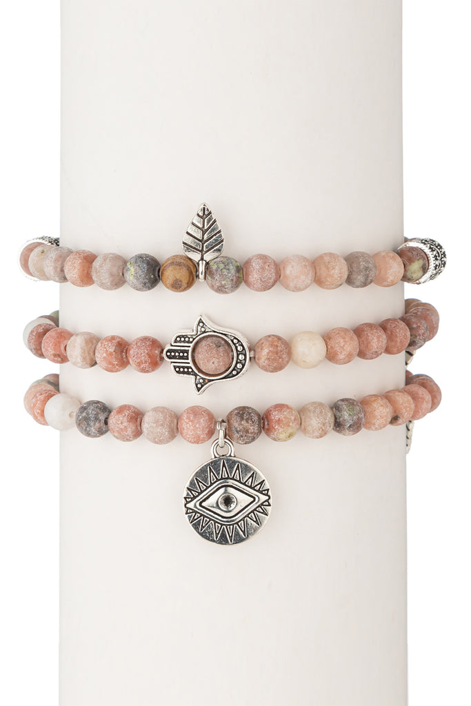 Toya Beaded Bracelet Set - Pink Agate