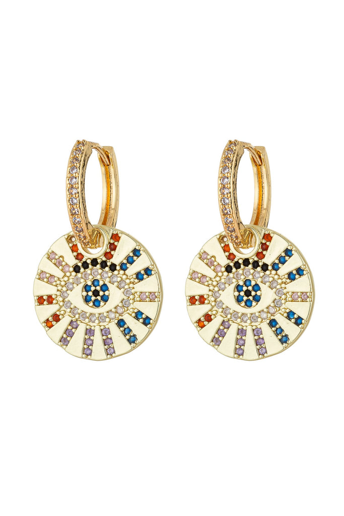 Rainbow eye pendant huggie earrings studded with CZ crystals.