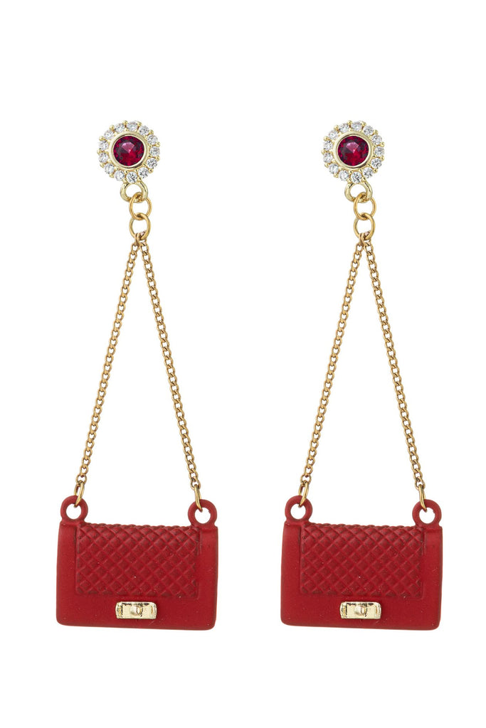 Red purse 18k gold plated dangle drop earrings studded with CZ crystals. 