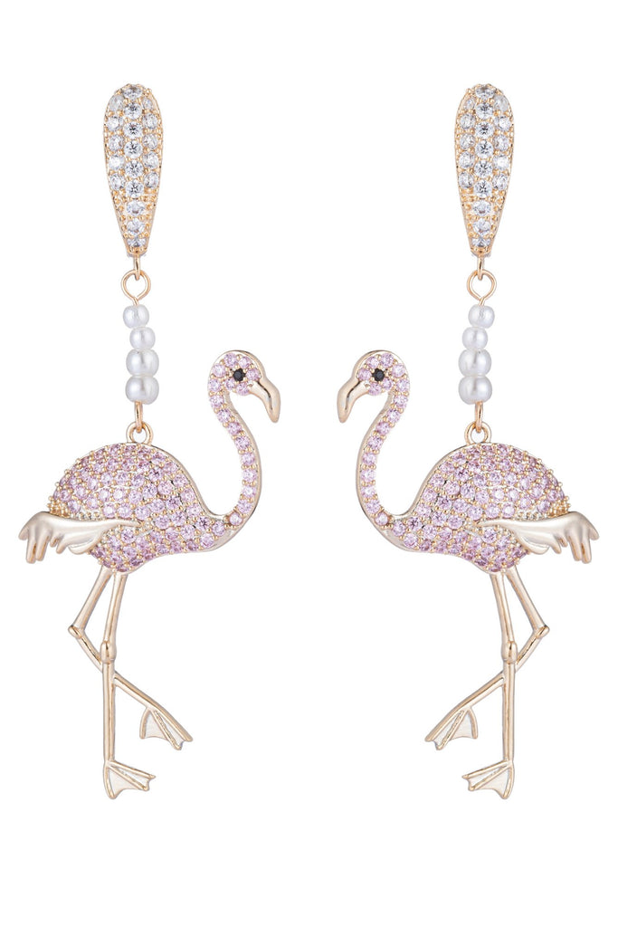 Pink flamingo bird earrings with CZ glass pearls.