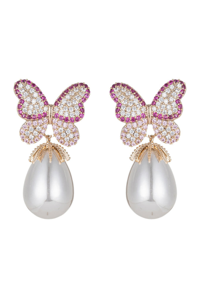 Pink butterfly wing glass pearl earrings with CZ crystals.