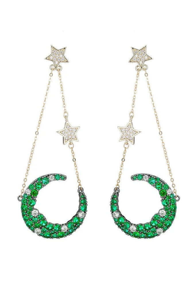 Green moon and star earrings studded with CZ crystals.