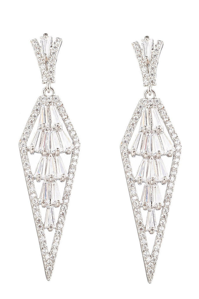 Silver brass drop earrings studded with CZ crystals.