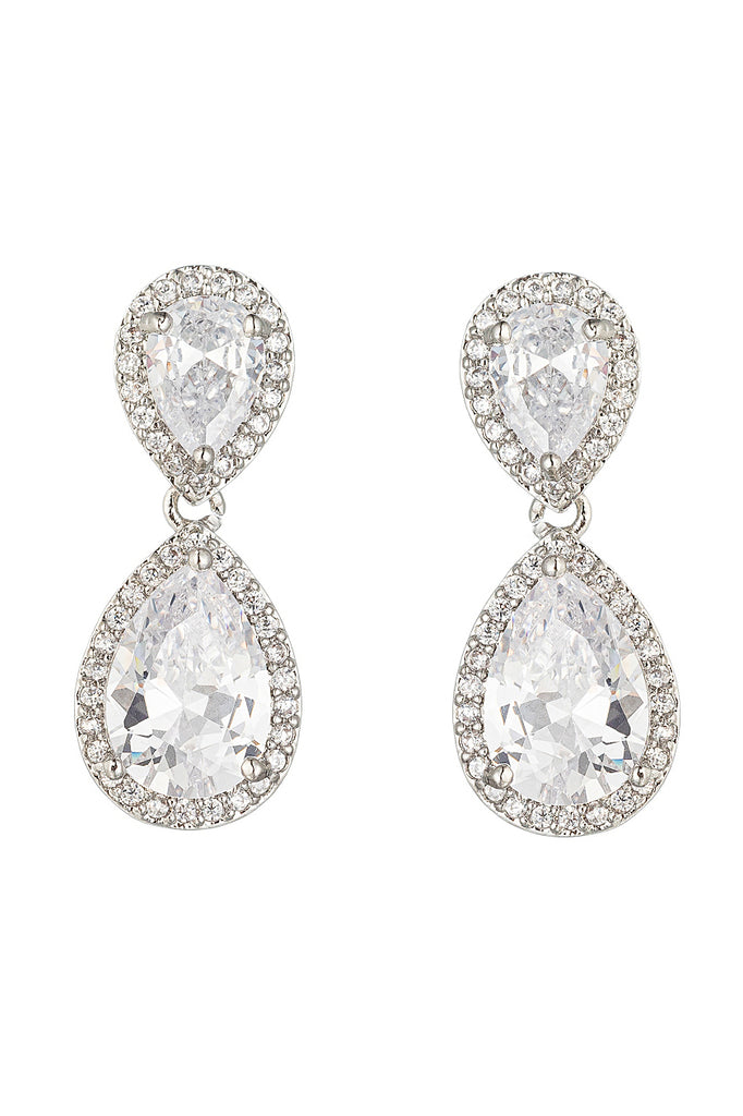 Silver tone brass CZ crystal drop earring studs.