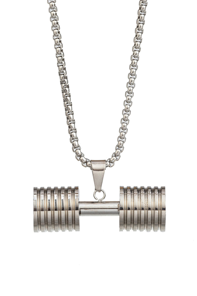 Silver tone titanium dumbbell pendant necklace. 