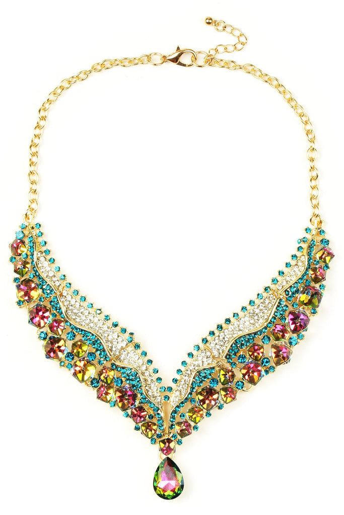 Arielle Statement Necklace - Green / Turquoise / Crystal