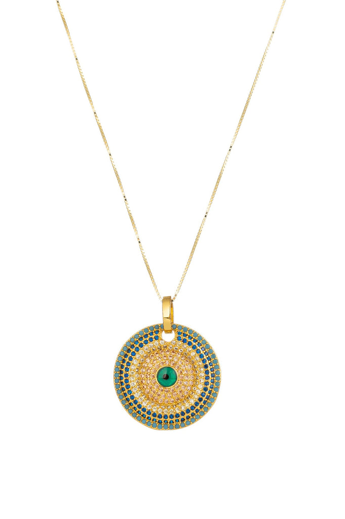 14k gold plated sterling silver evil eye necklace studded with CZ crystals.