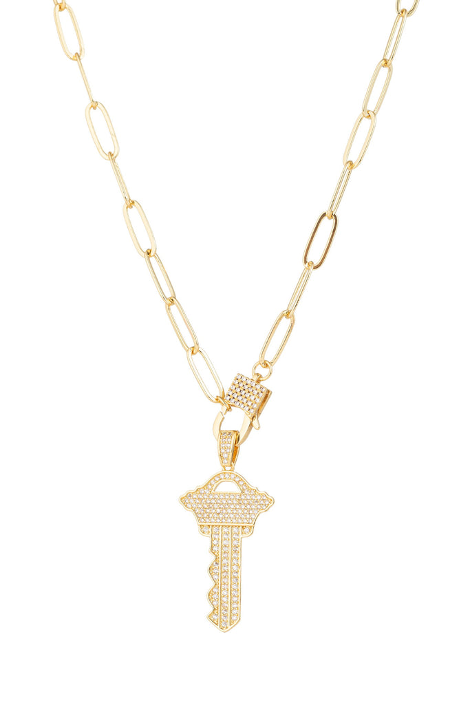 Key pendant on a paper link chain studded with CZ crystals. 