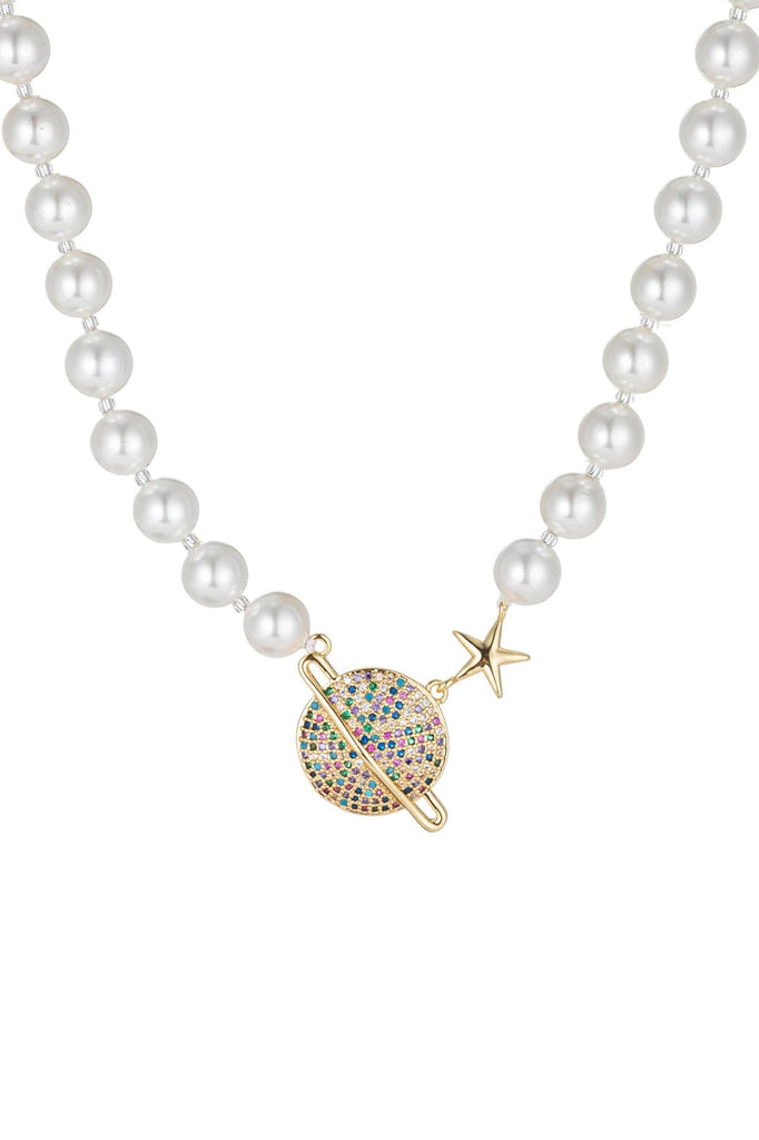 Shell pearl necklace with a mars pendant studded with CZ crystals.