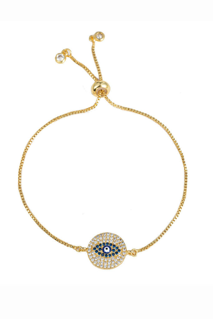 Evil eye 18k gold plated sterling silver bracelet with a brass pendant and CZ crystals.