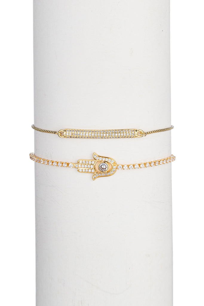 Hamsa bar bracelet set studded with CZ crystals.