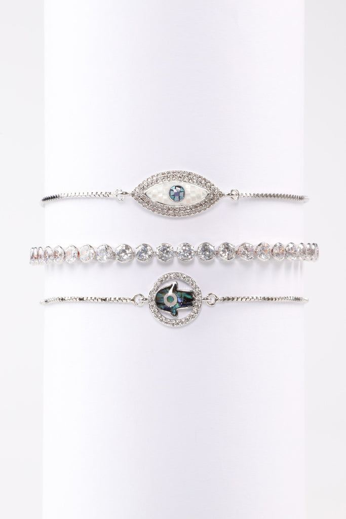 3 piece bracelet set studded with CZ crystals and abalone stones.