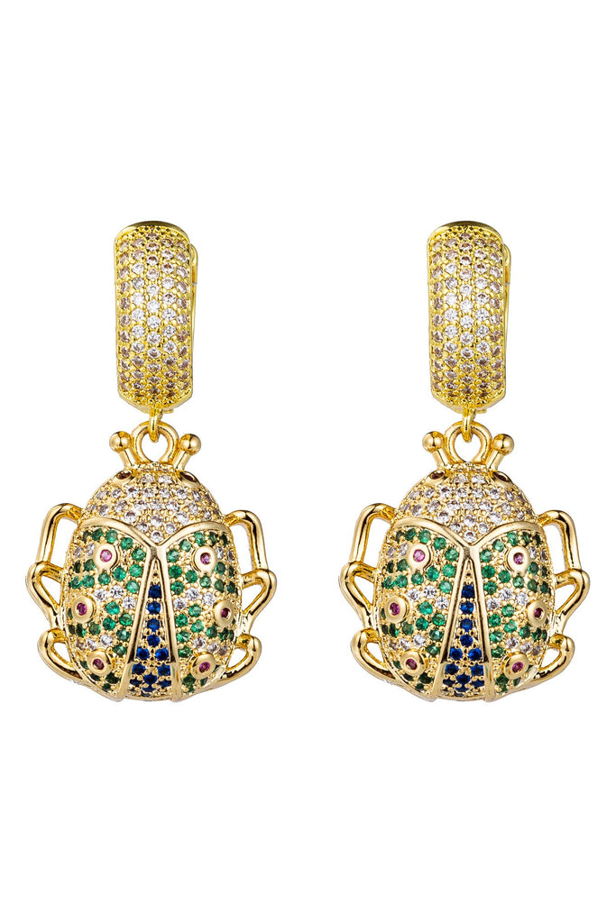 Green beatle huggie earrings studded with CZ crystals.