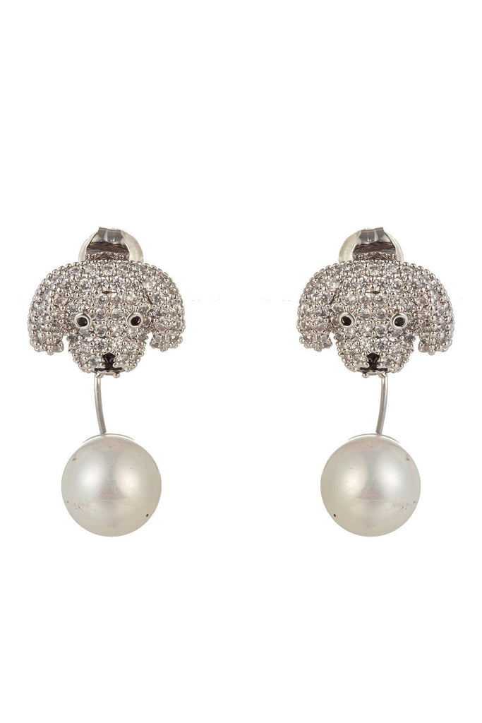 Silver poodle earrings studded with CZ crystals.