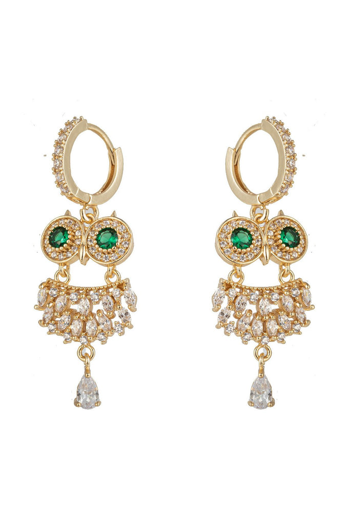 Owl statement earrings studded with CZ crystals.