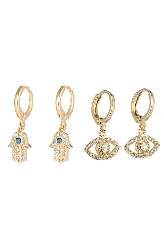 Hamsa & eye huggie earring set studded with CZ crystals.