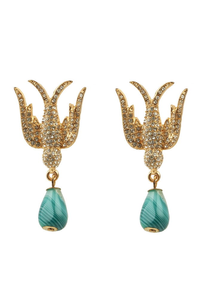 Green bird statement earrings studded with CZ crystals.