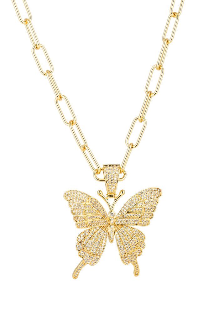 Butterfly pendant necklace studded with CZ crystals.