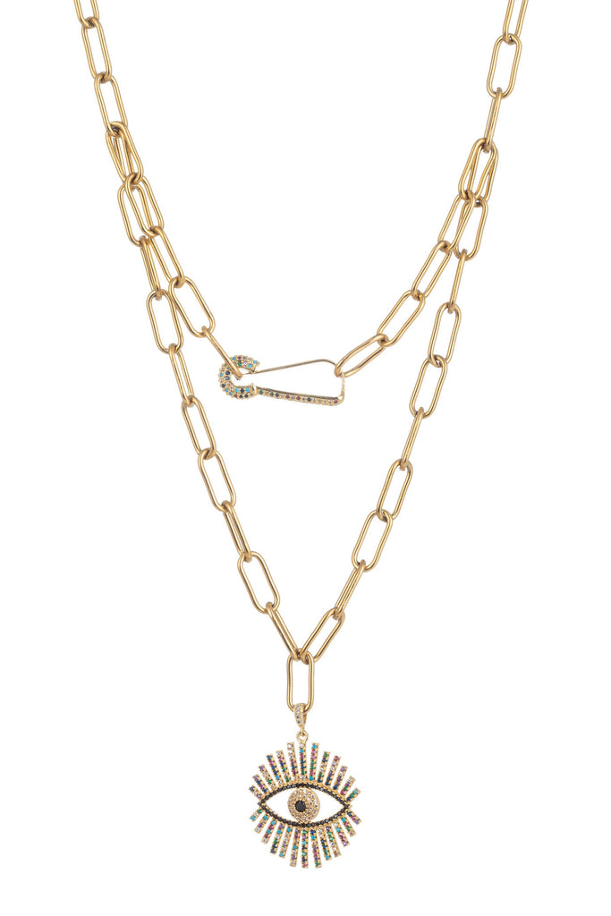 Safety pin necklace with an evil eye pendant.