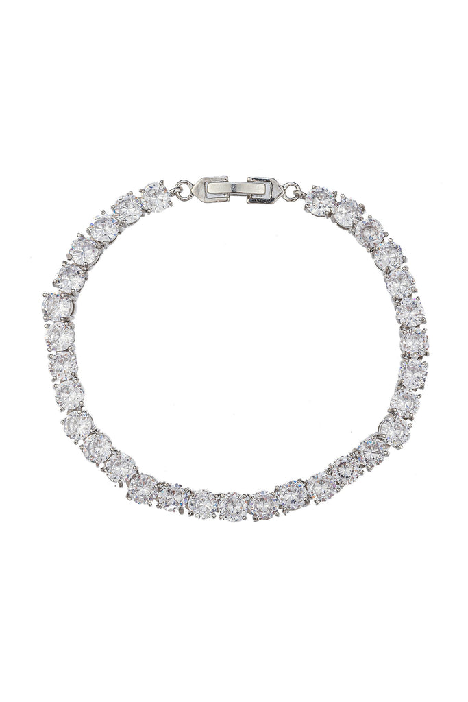 Silver tone brass bracelet studded with CZ crystals.