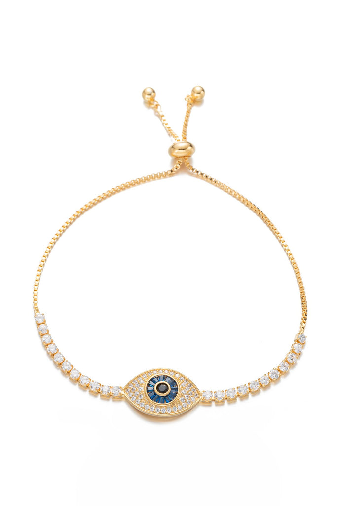Blue eye 18k gold plated adjustable bracelet studded with CZ crystals.