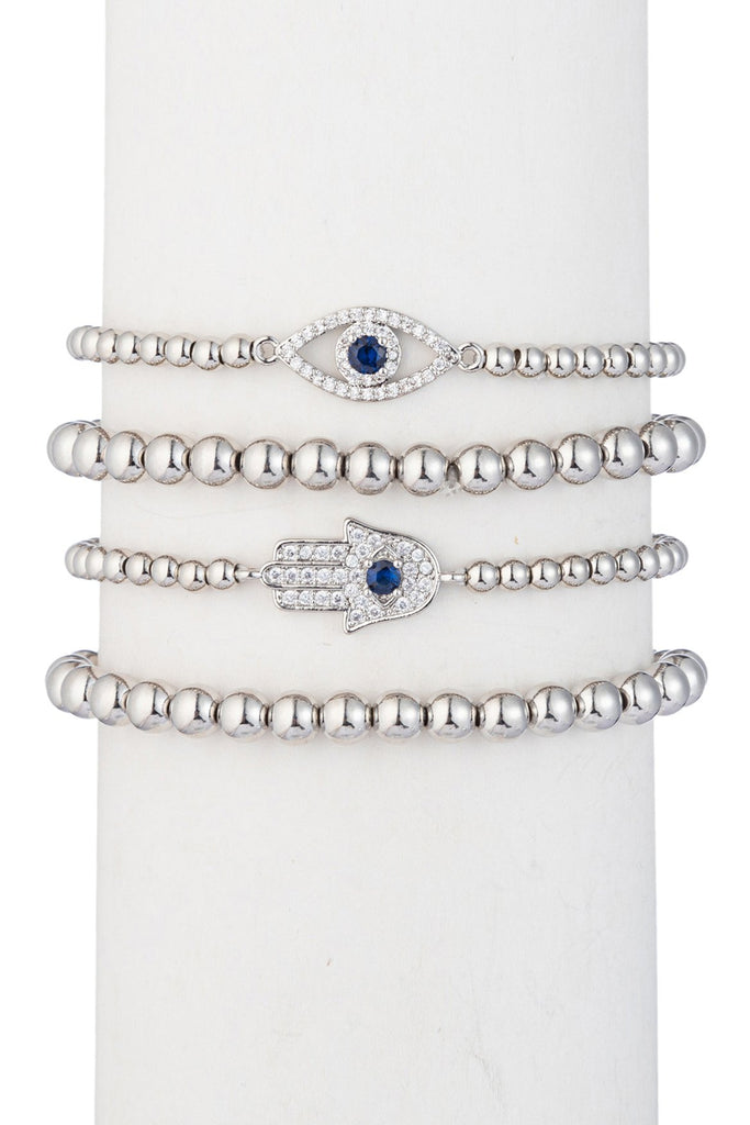 Silver evil eye & hamsa hand beaded bracelet studded with CZ crystals.