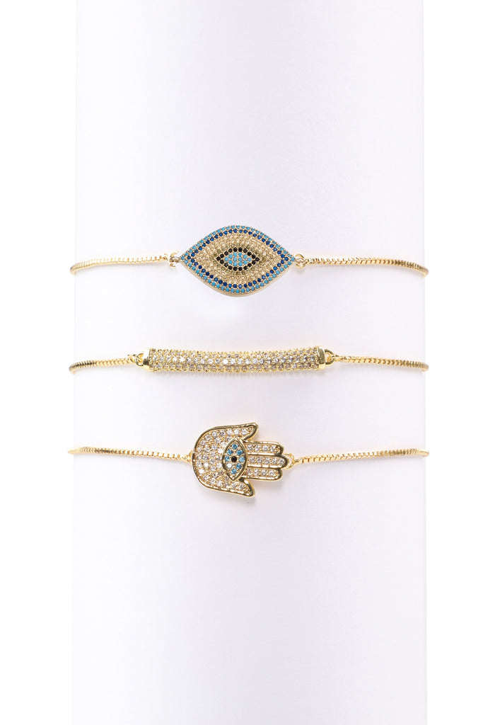 Hamsa 18k gold plated adjustable ball bracelet set. 