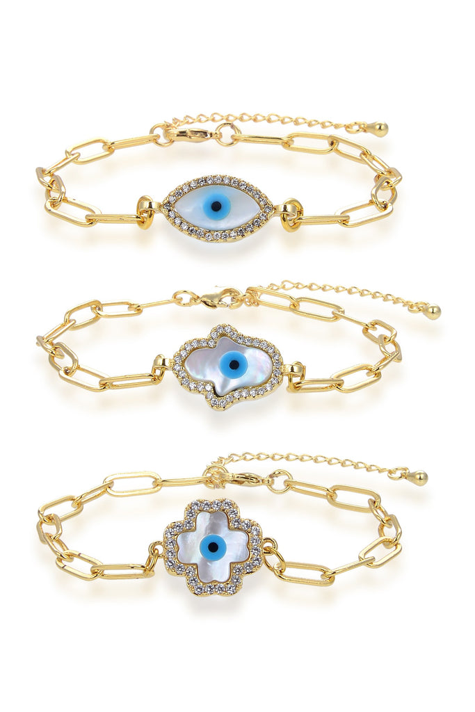 Titanium gold evil eye hamsa paper clip link bracelet studded with CZ crystals.