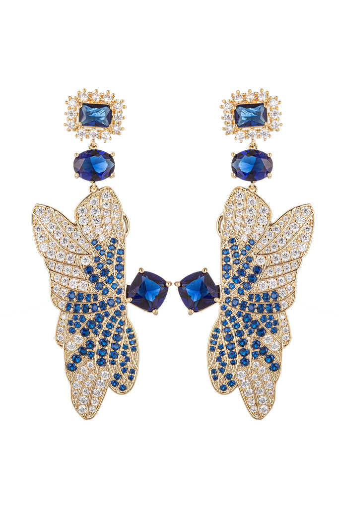 Gold tone brass butterfly statement earrings studded with blue CZ crystals.