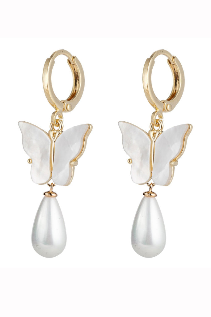 Shell pearl butterfly huggie earrings.