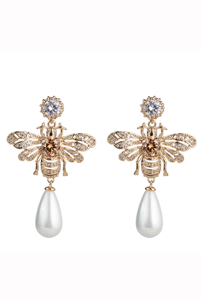 18k gold plated bee earrings with shell pearls.