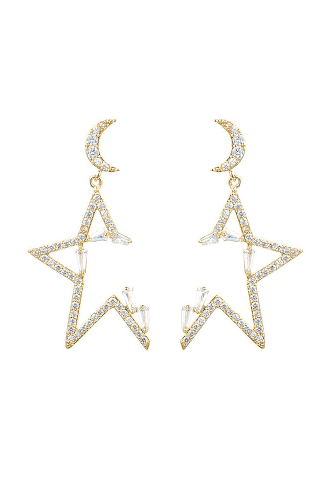 18k gold plated star and moon earrings studded with CZ crystals.