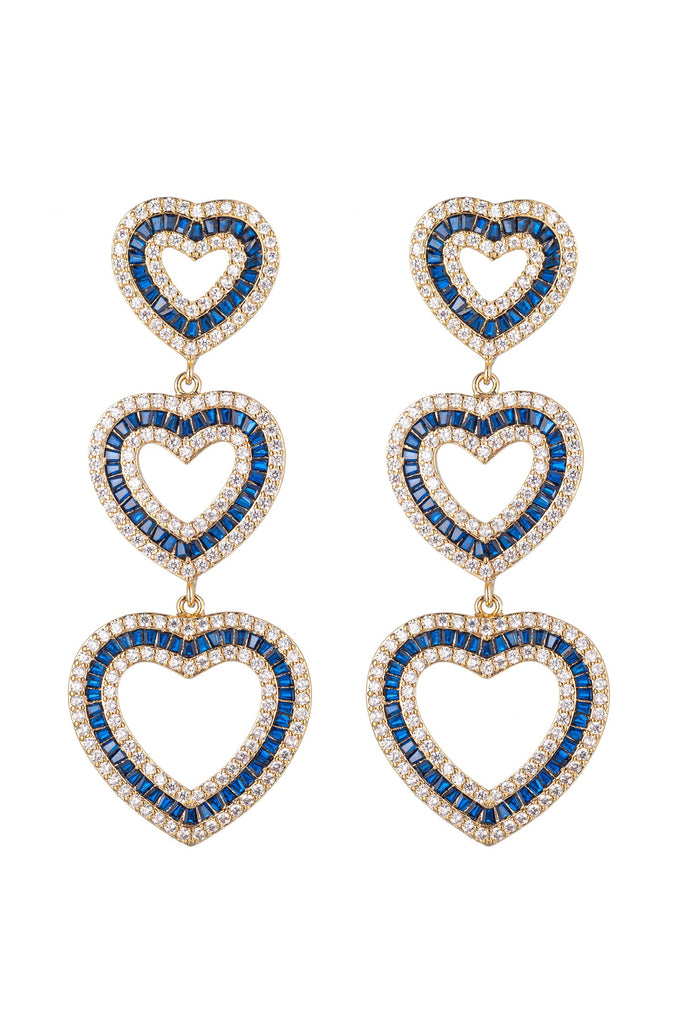 Gold tone brass blue tier heart drop earrings studded with CZ crystals.