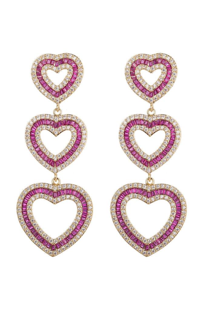 Pink tier heart drop earrings studded with CZ crystals.