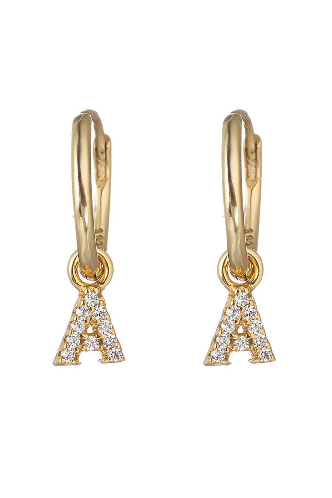 14k gold plated sterling silver "A" initial huggie earrings studded with CZ crystals.