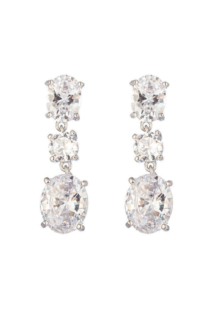 Silver tone brass graduated statement earrings studded with CZ crystals.