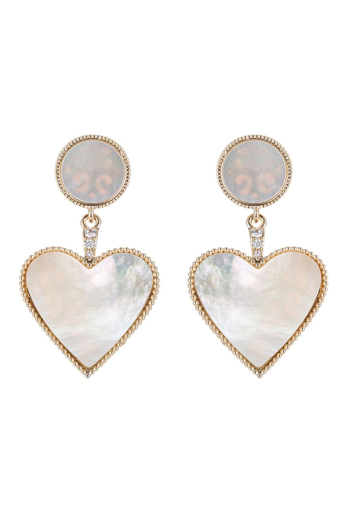 Shell pearl heart earrings studded with CZ crystals. 