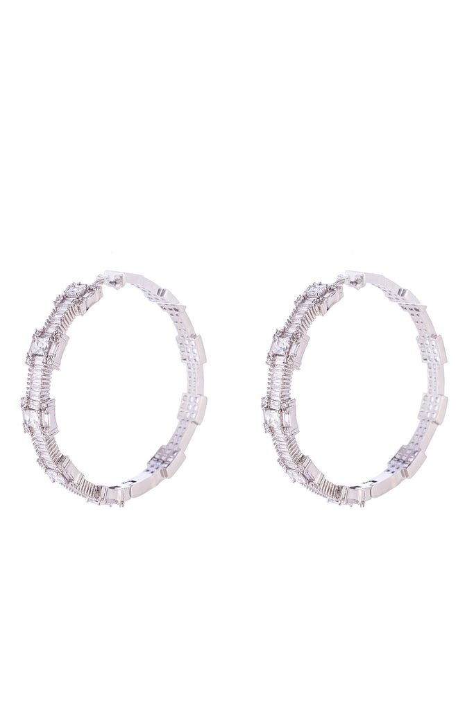 Silver CZ stone studded hoop earrings. 