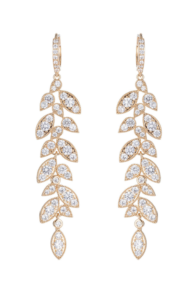 Dangling tree leaf earrings studded with CZ crystals. 