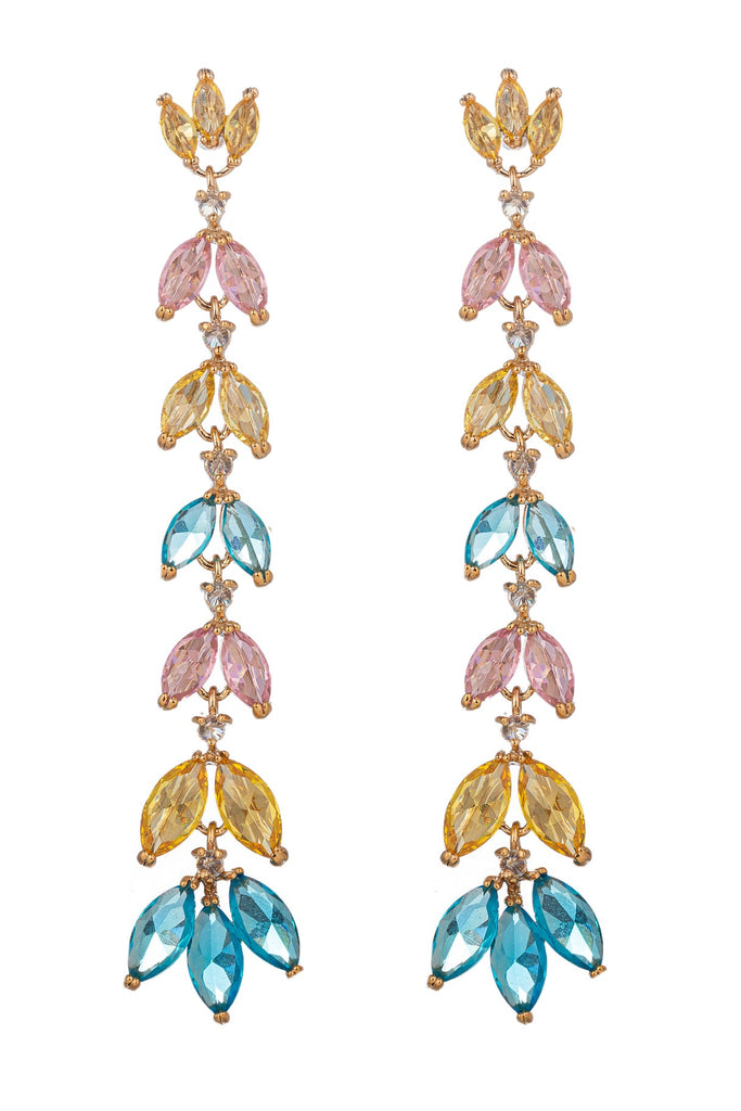 Gold tone brass dangle earrings with pastel rainbow CZ crystals.