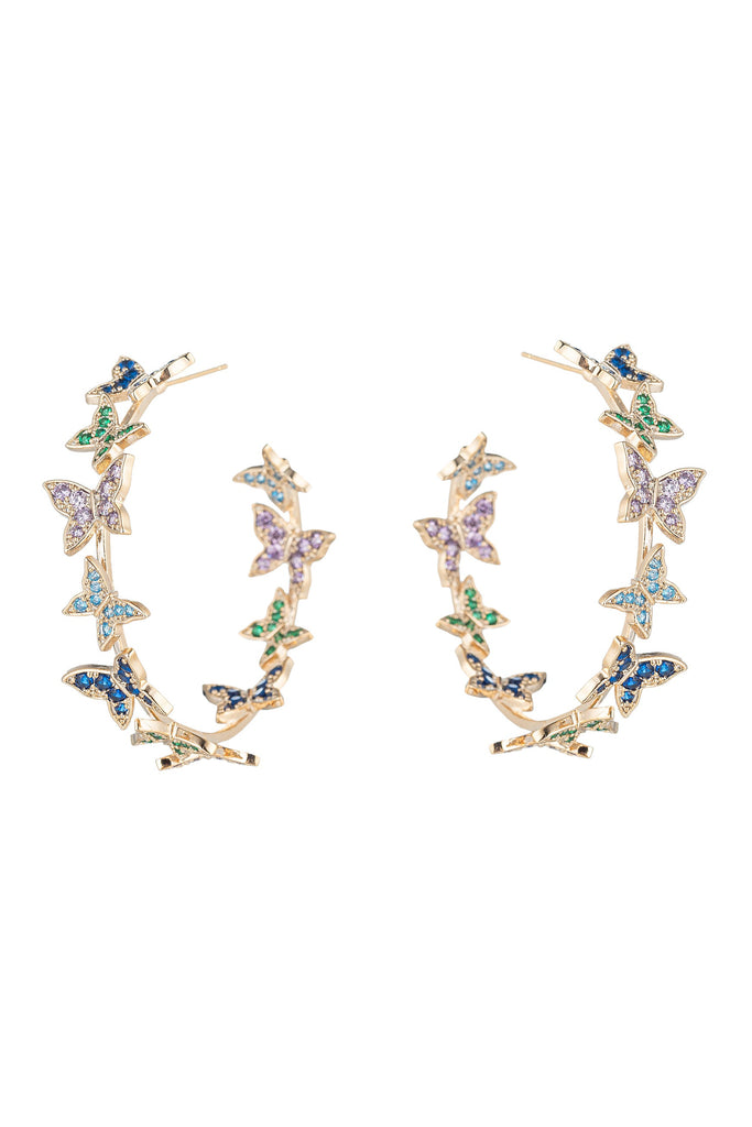 Gold tone brass butterfly loop earrings studded with CZ crystals.