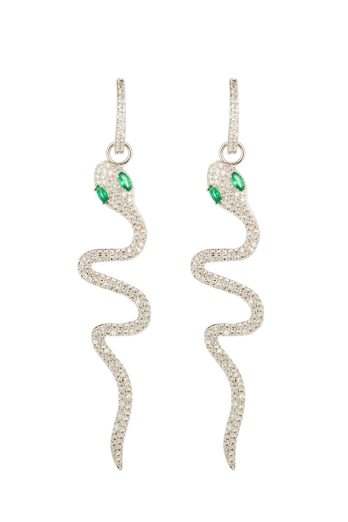 Silver snake earrings studded with CZ crystals. 