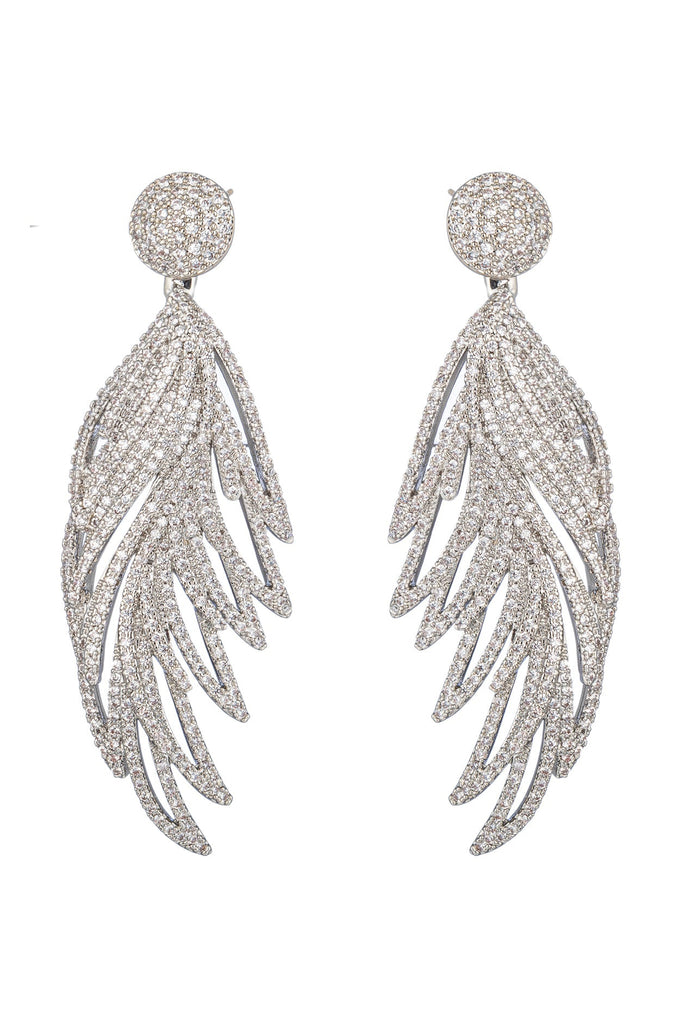 Silver tone brass feather earrings studded with CZ crystals.