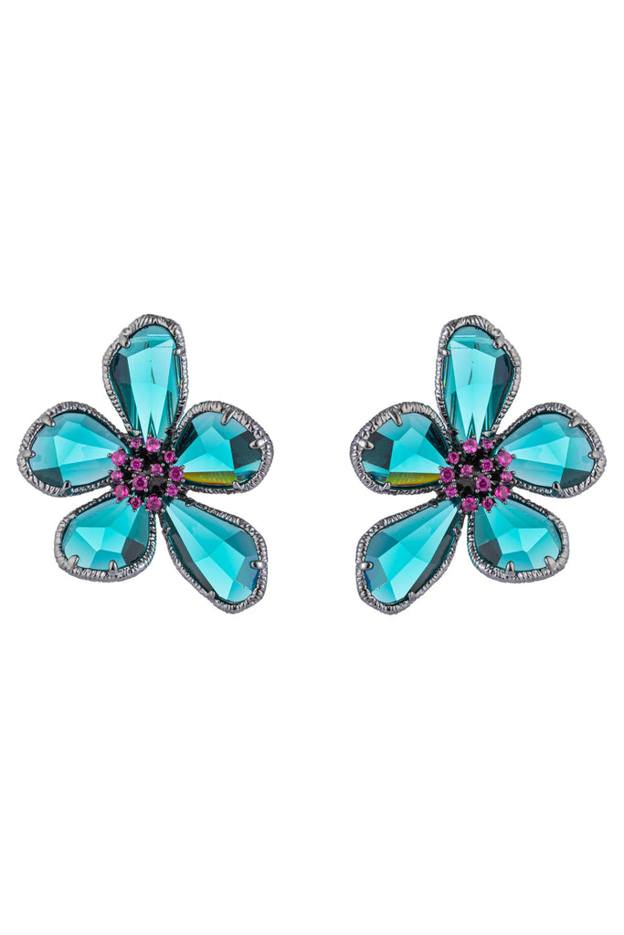 Pair of 1 inch blue and silver flower earrings. Earrings feature 5 teal cubic zirconia petals and studded purple cubic zirconia stone center.