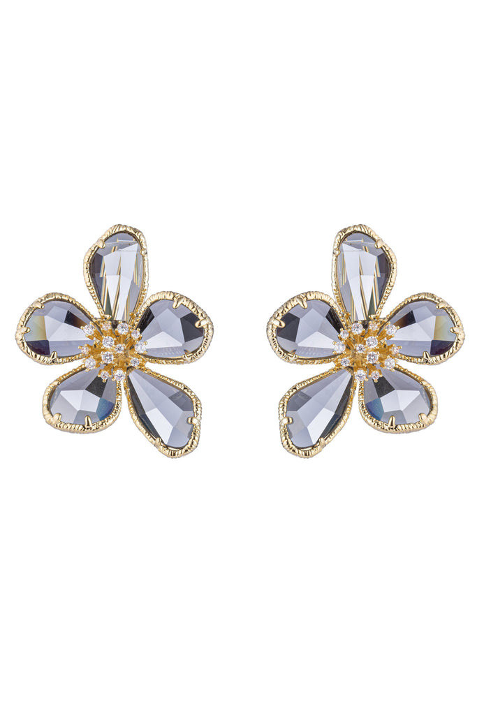 Gold & grey flower earrings studded with CZ crystals.