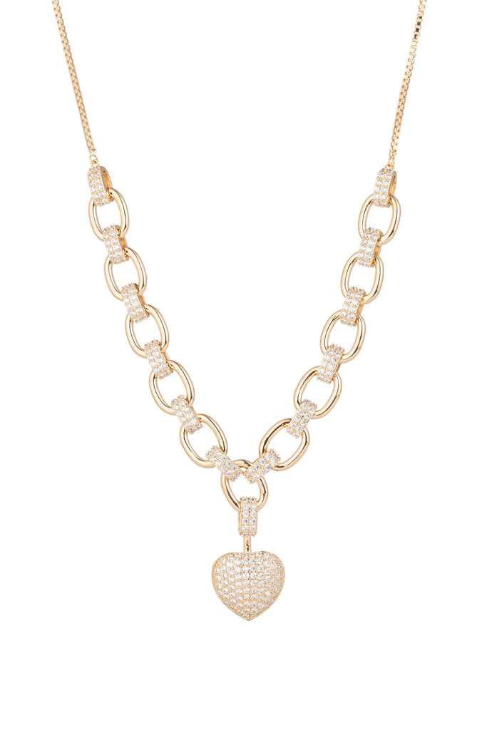 Gold heart charm necklace studded with CZ crystals. 