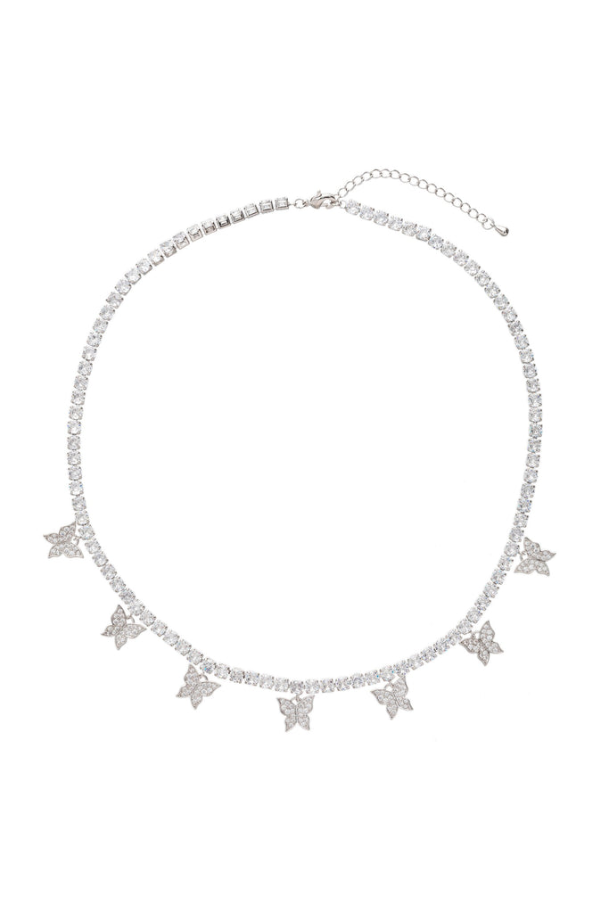 Silver butterfly statement necklace studded with CZ crystals. 