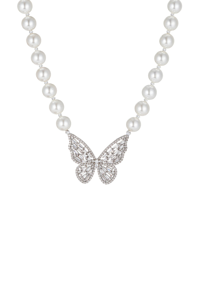 Butterfly shell pearl necklace with CZ crystals. 