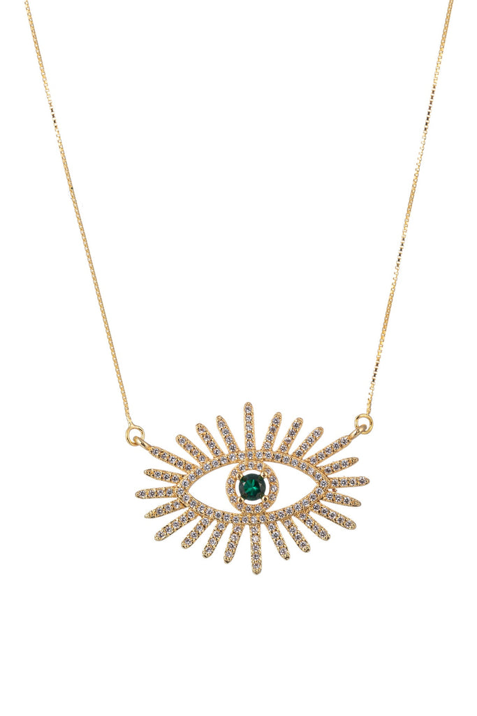 Sterling silver necklace with a CZ crystal green eye pendant.