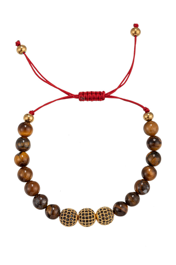 Tiger eye beaded bracelet with 3 CZ pave beads.